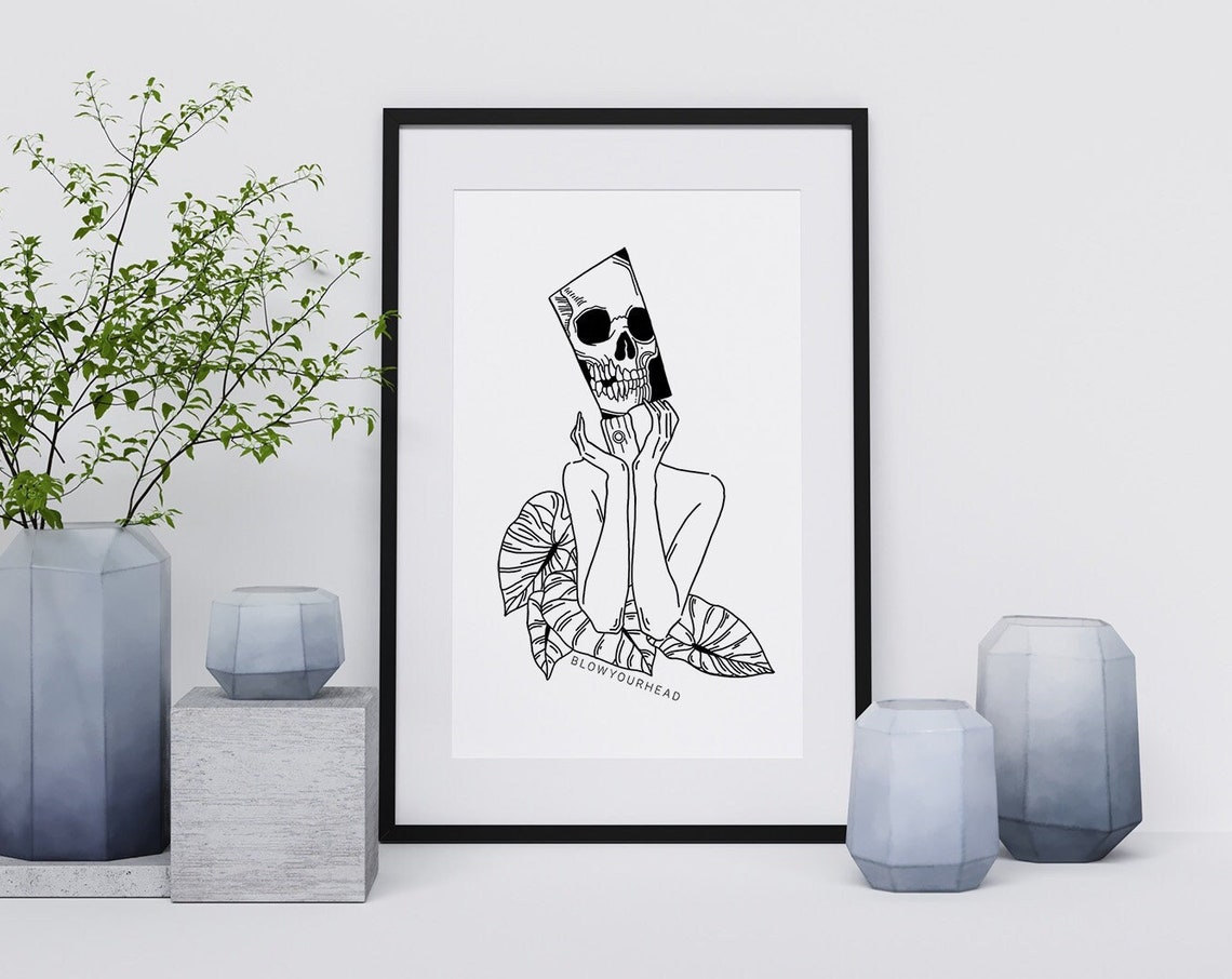 Overthinking Skull Head Woman Leaves Dark Surreal Line Art Poster