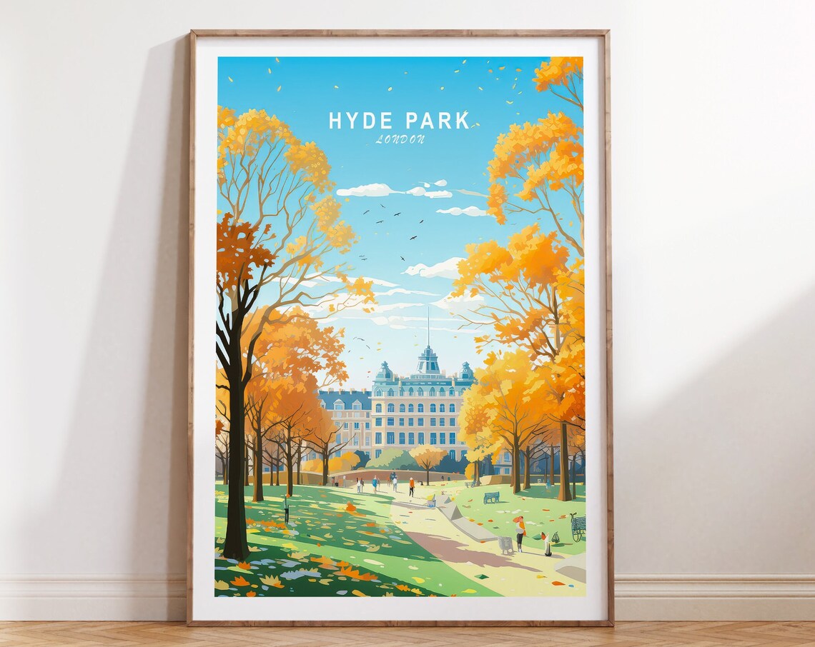 Hyde Park London Golden Autumn Trees Vintage Travel Art Poster