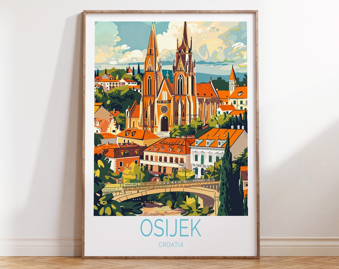 Osijek Croatia Twin Spire Cathedral Red Rooftops Travel Poster