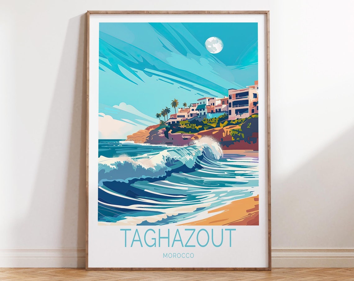 Taghazout Morocco Moonlit Surf Break Sandy Beach Travel Poster