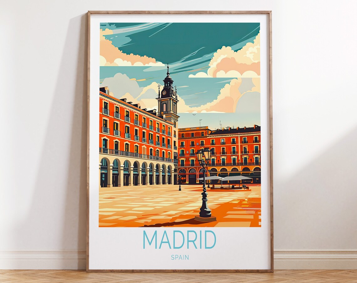 Madrid Spain Plaza Mayor Clock Tower Red Brick Arcades Travel Poster