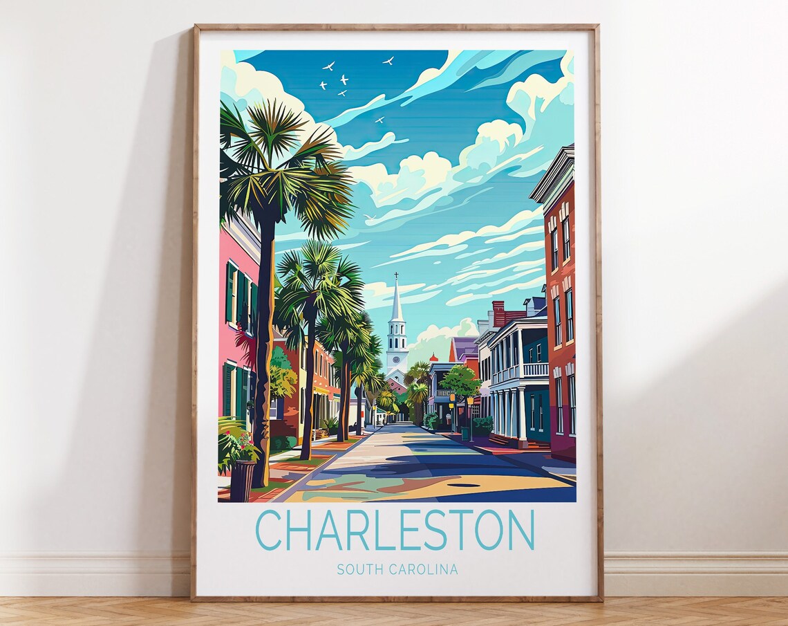 Charleston South Carolina Palm Street Church Steeple Scene Poster