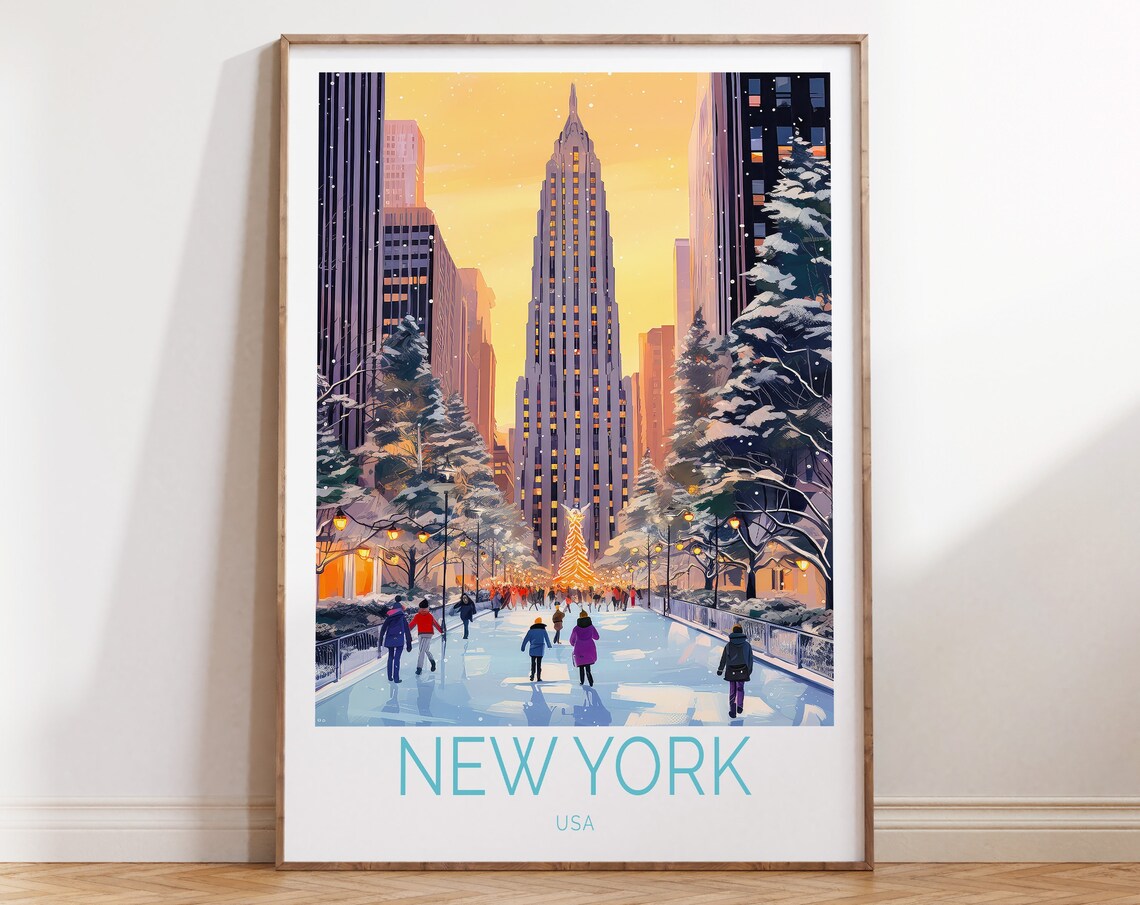 New York City Winter Ice Skating Rink Holiday Season Scene Poster