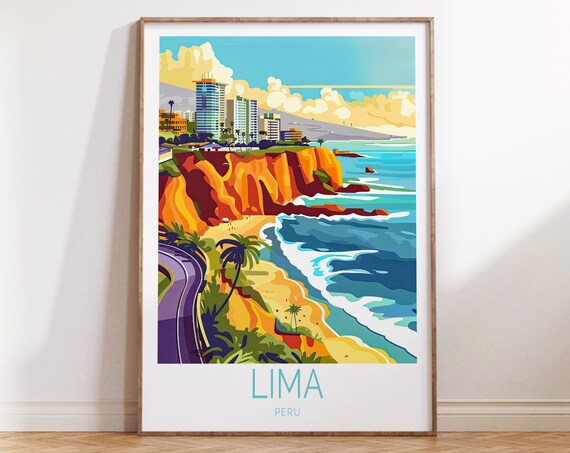 Lima Peru Miraflores Coastal Cliffs Beach Scene Travel Poster