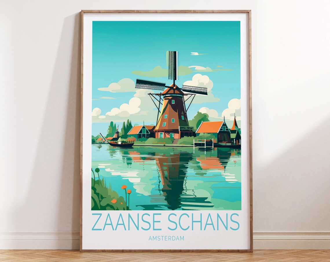 Zaanse Schans Amsterdam Classic Dutch Windmill Canal Travel Poster