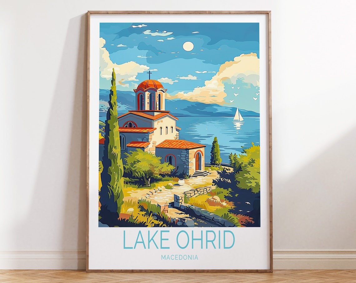 Lake Ohrid Macedonia Lakeside Stone Church Vintage Travel Poster