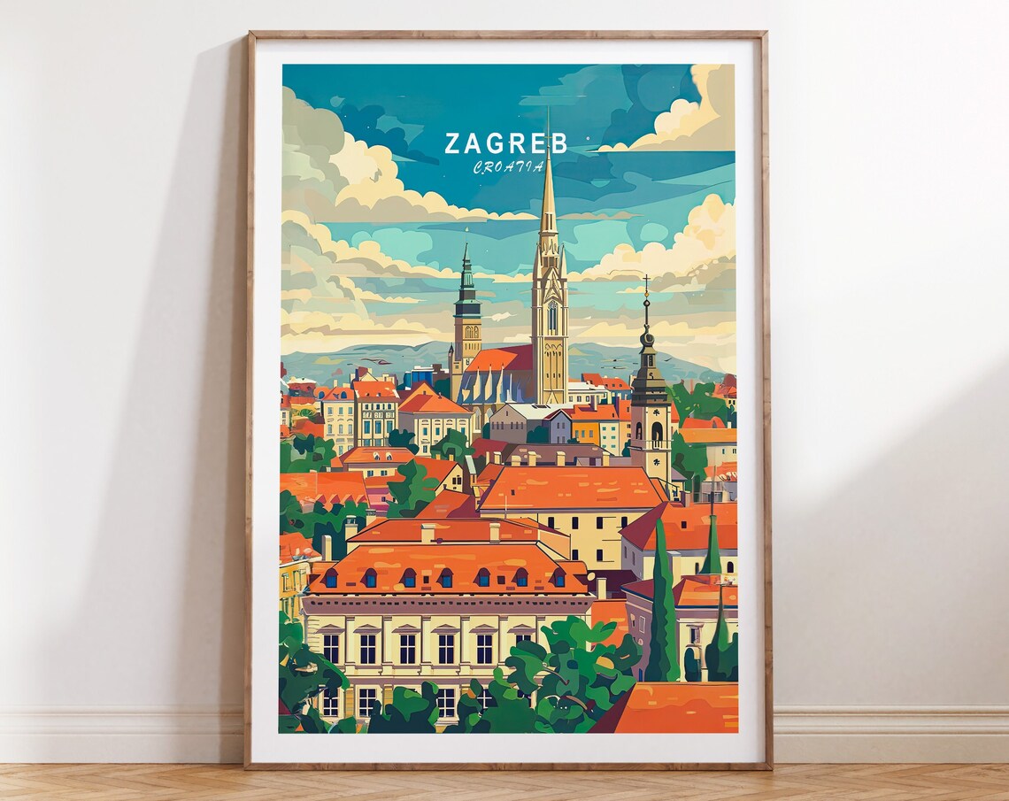 Zagreb Croatia Cathedral Spires Rooftop Panorama Travel Poster