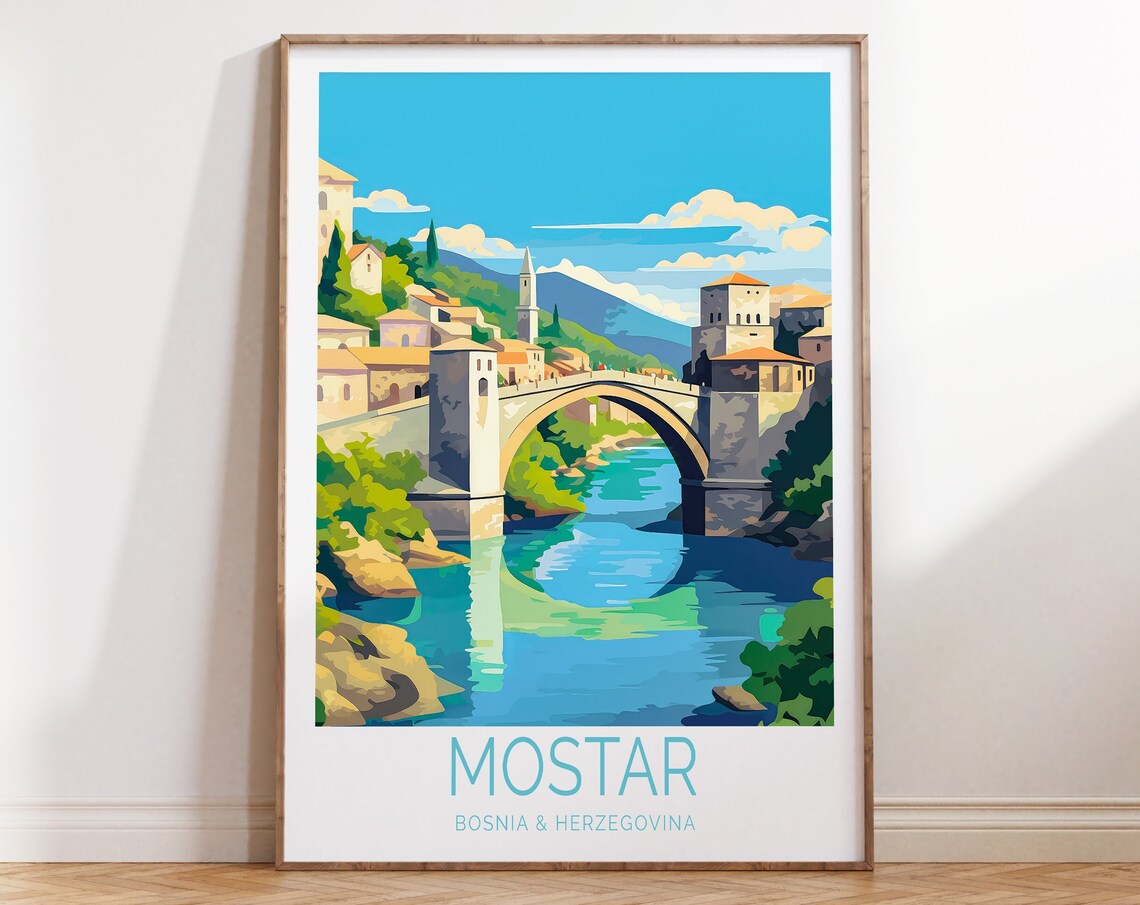 Mostar Bosnia and Herzegovina Old Bridge Travel Poster Colorful Art