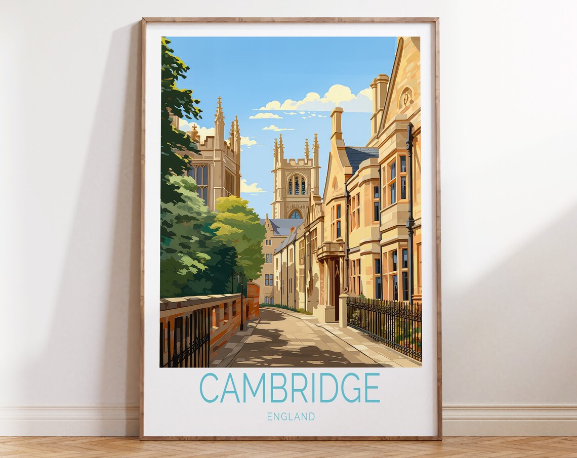 Cambridge England Golden College Street Sunny Day Travel Poster