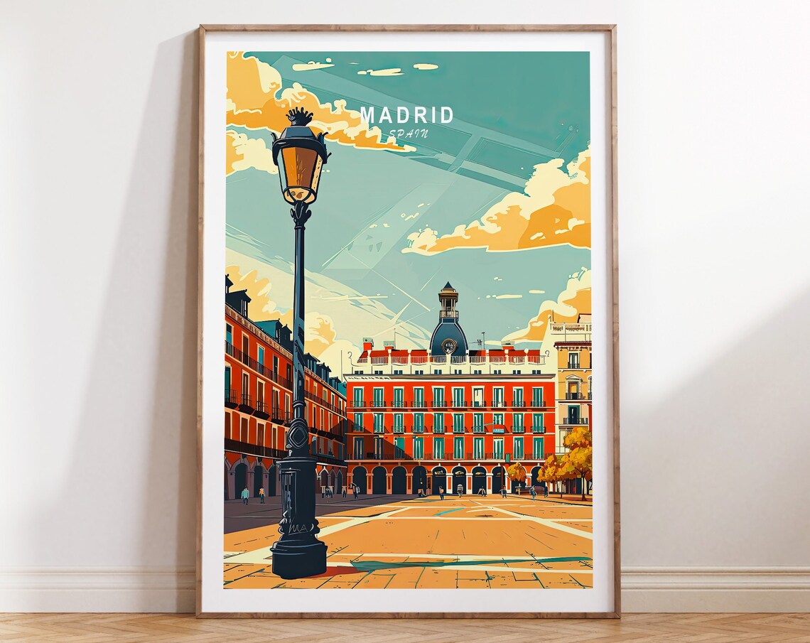 Madrid Spain Plaza Mayor Ornate Lamppost Vintage Travel Poster