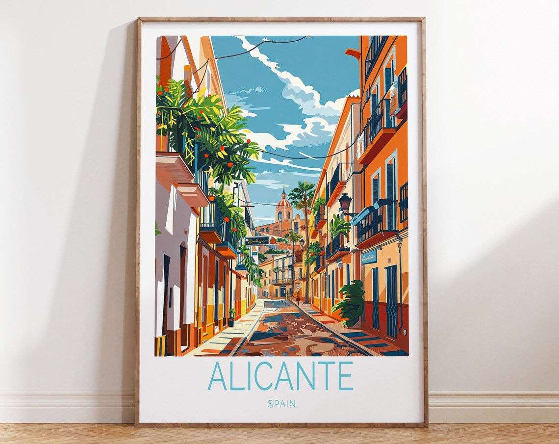 Alicante Spain Flower Balcony Lane Big Blue Sky Travel Poster