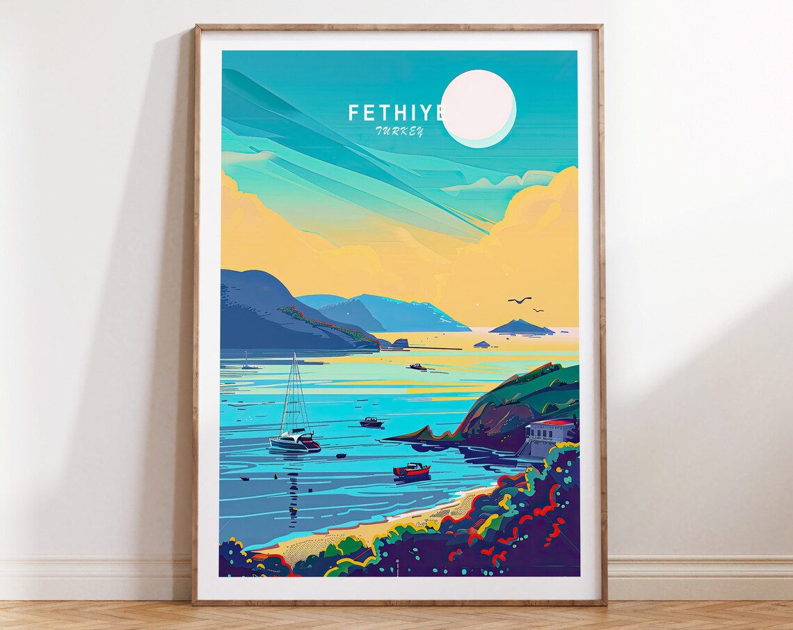 Fethiye Turkey Harbor at Sunset with Sailboats Coastal Travel Poster