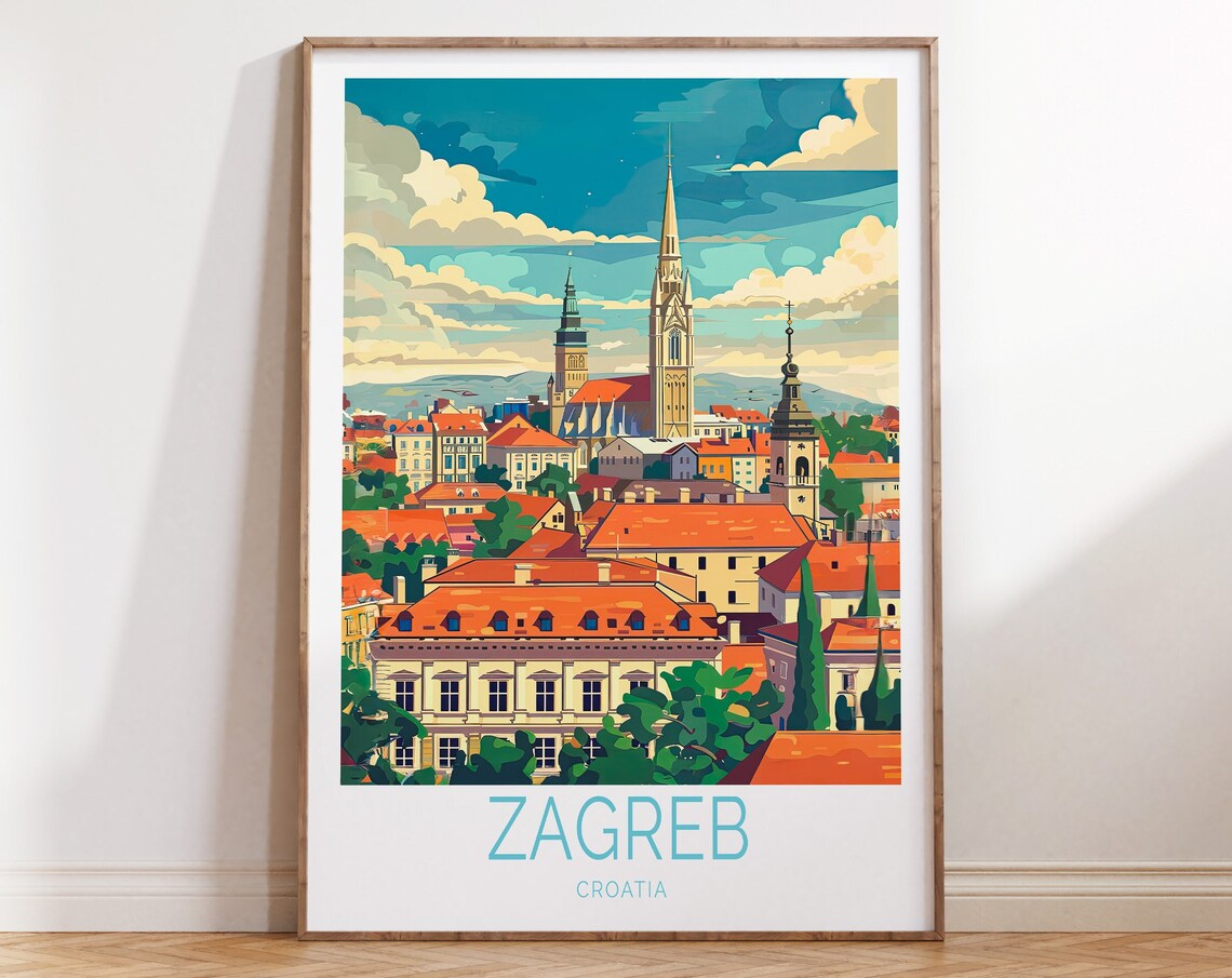 Zagreb Croatia Twin Spire Cathedral Rooftop Skyline Travel Poster