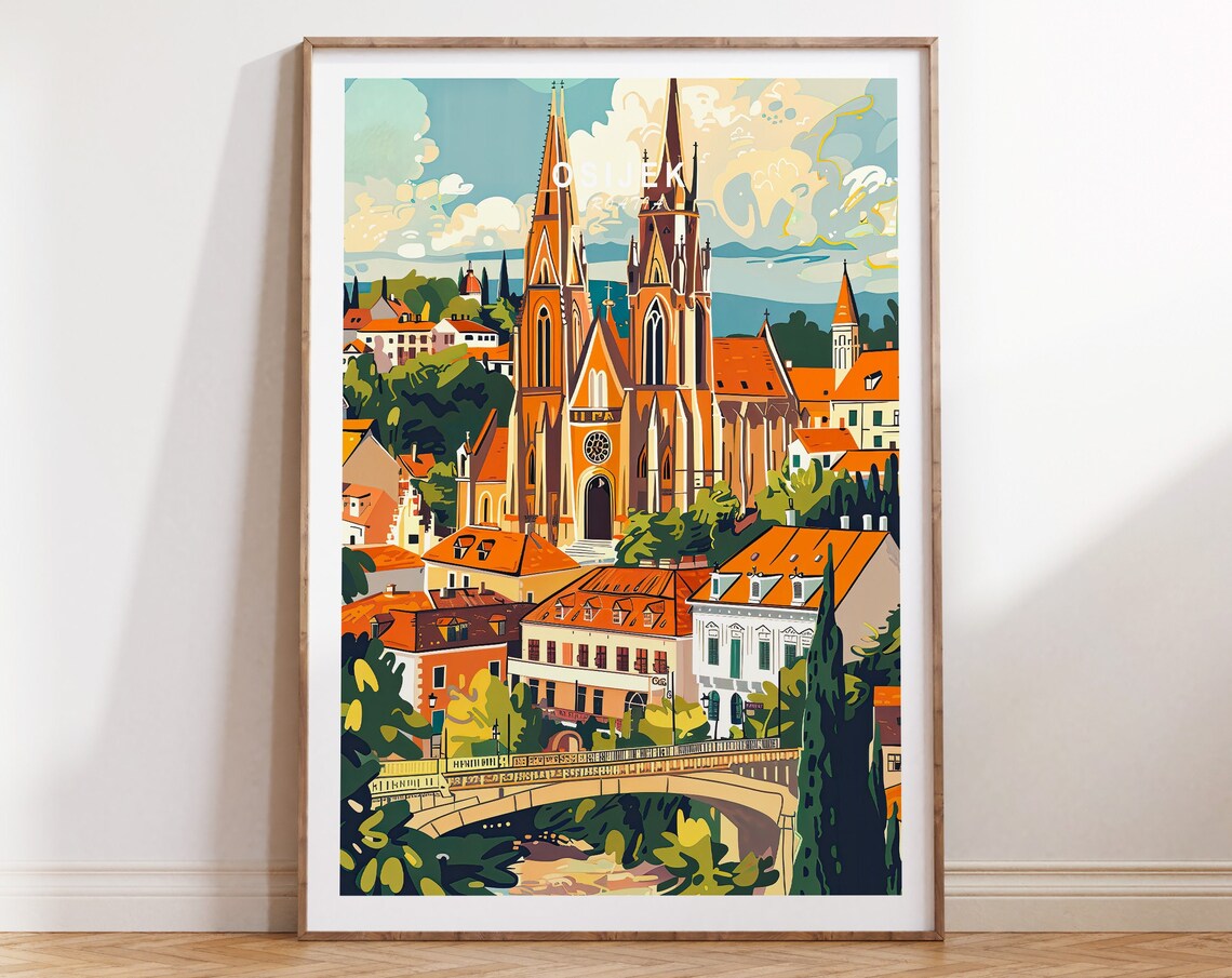 Osijek Croatia Cathedral and Bridge Retro Illustration Travel Poster