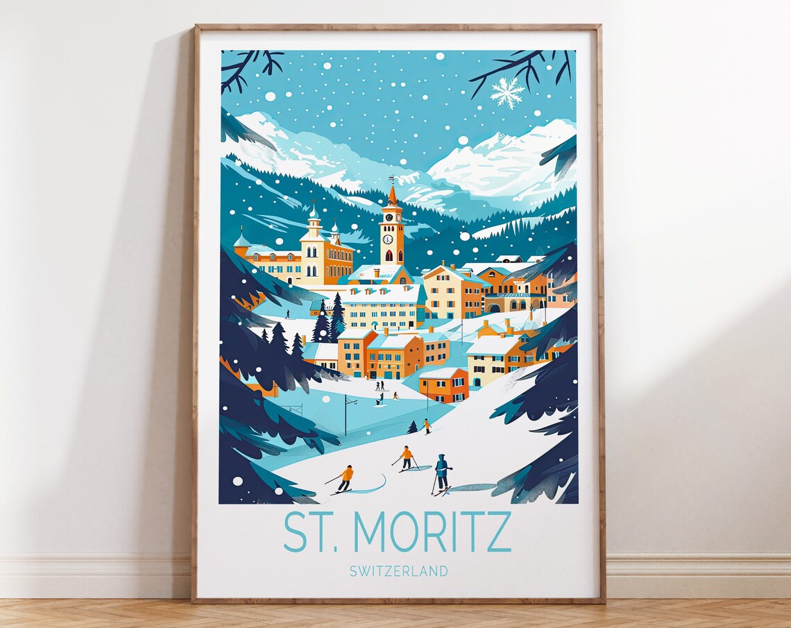 St Moritz Switzerland Powder Ski Slopes Alpine Town Travel Poster