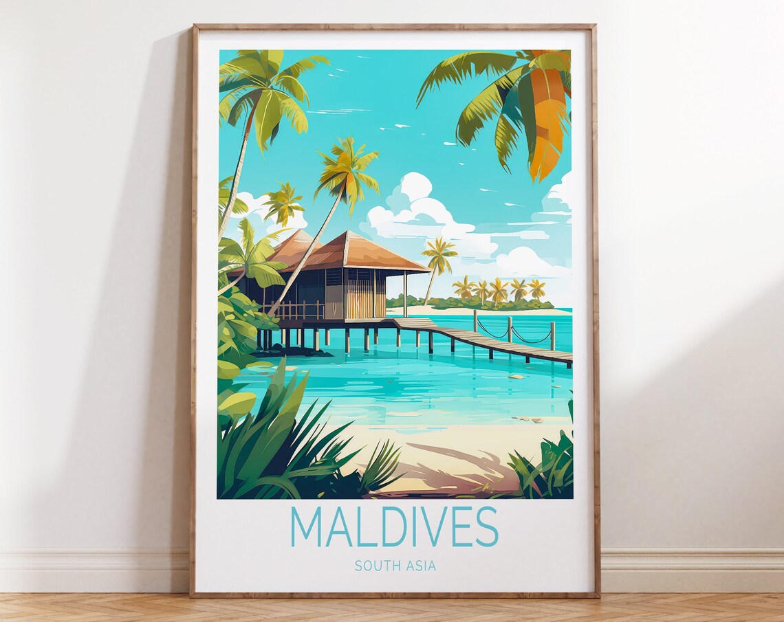 Maldives South Asia Overwater Bungalow and Palm Beach Travel Poster