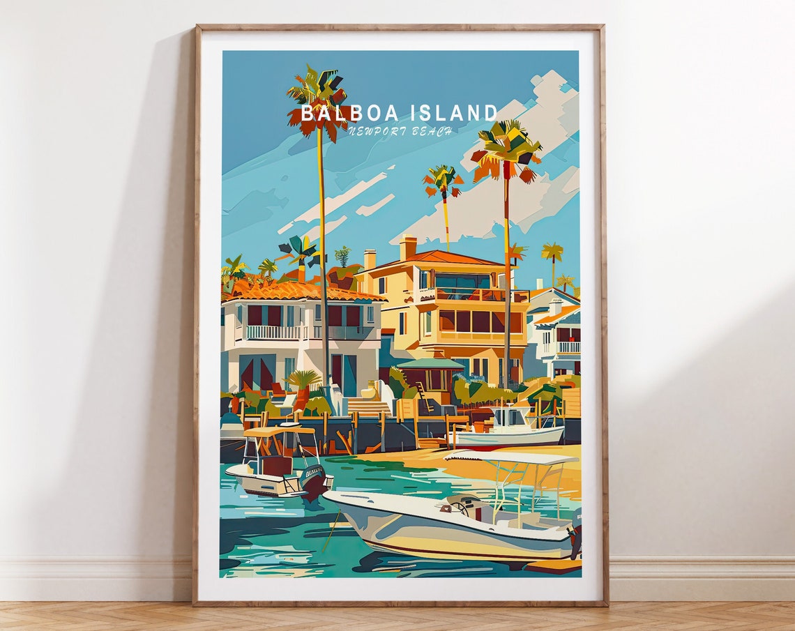 Balboa Island Newport Beach Turquoise Harbor Boat Scene Poster