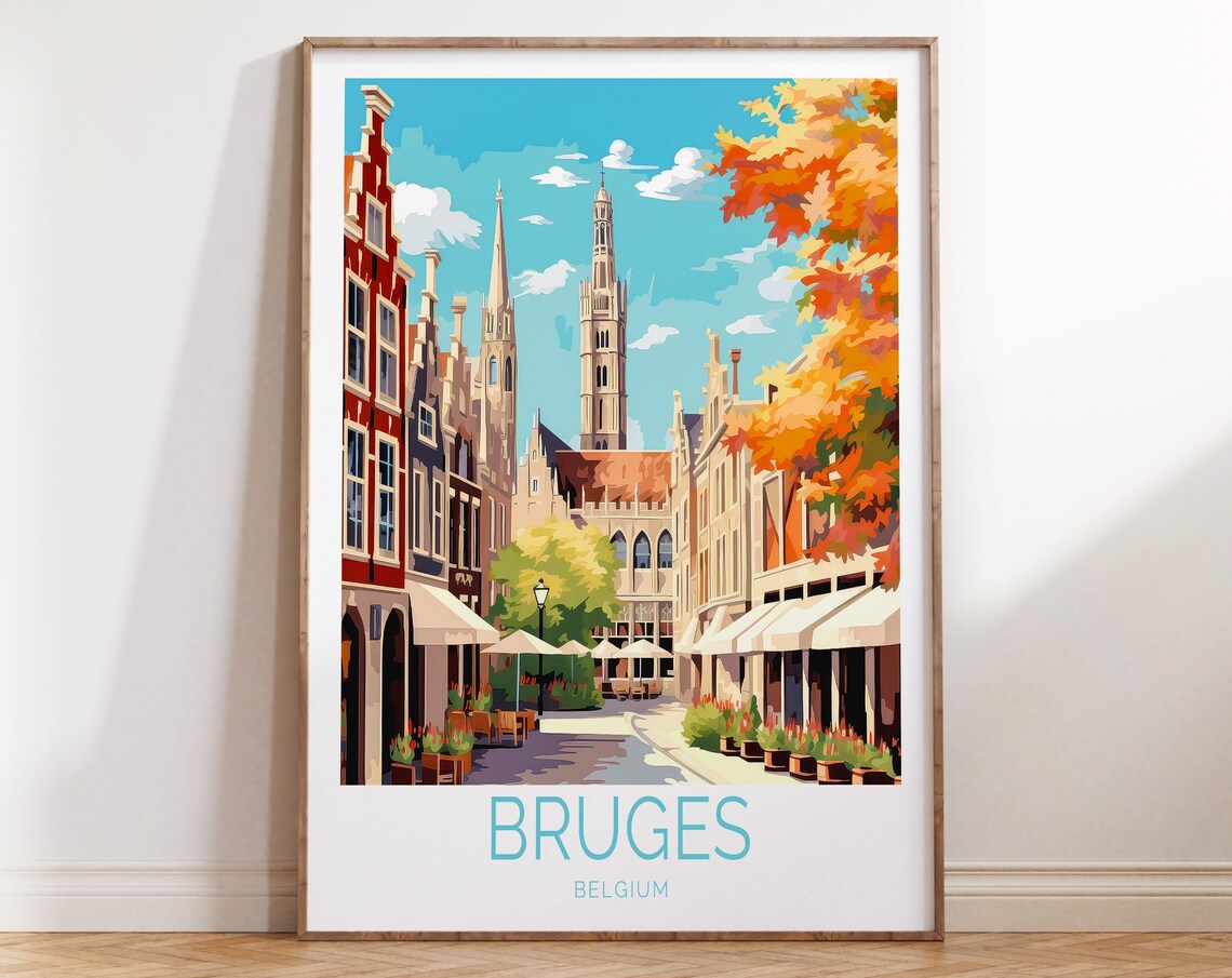 Bruges Belgium Autumn Street With Belfry Fall Colors Travel Poster