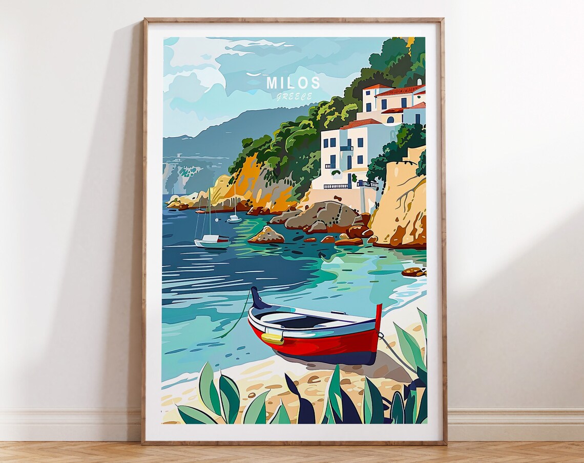 Milos Greece Aegean Coastal Village Red Fishing Boat Scene Poster