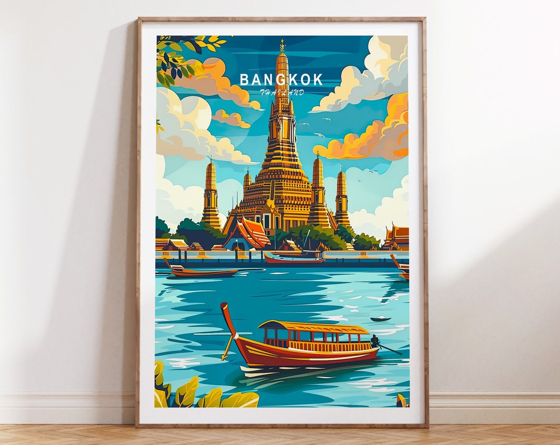 Bangkok Thailand Wat Arun Temple River Longtail Boat Scene Poster