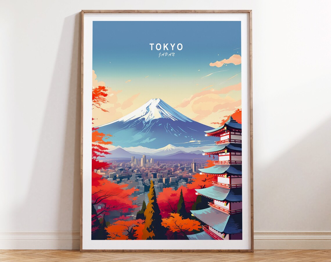 Tokyo Japan Mount Fuji Pagoda Autumn City Skyline Travel Poster