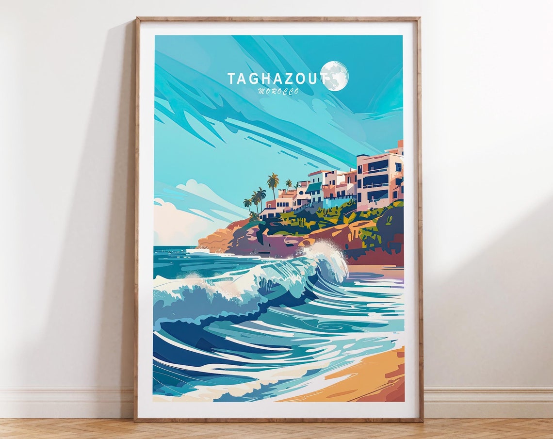 Taghazout Morocco Moonlit Surf Waves Cliffside Town Travel Poster