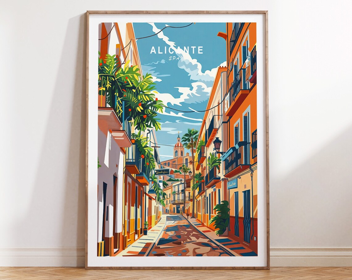 Vibrant Alicante Spain Orange Facade Old Town Street Scene Poster