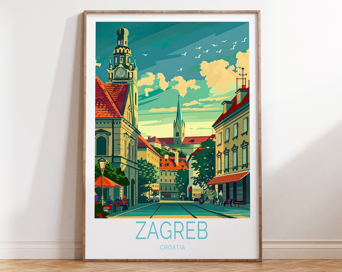 Zagreb Croatia Old Town Clock Tower Street Scene Travel Poster