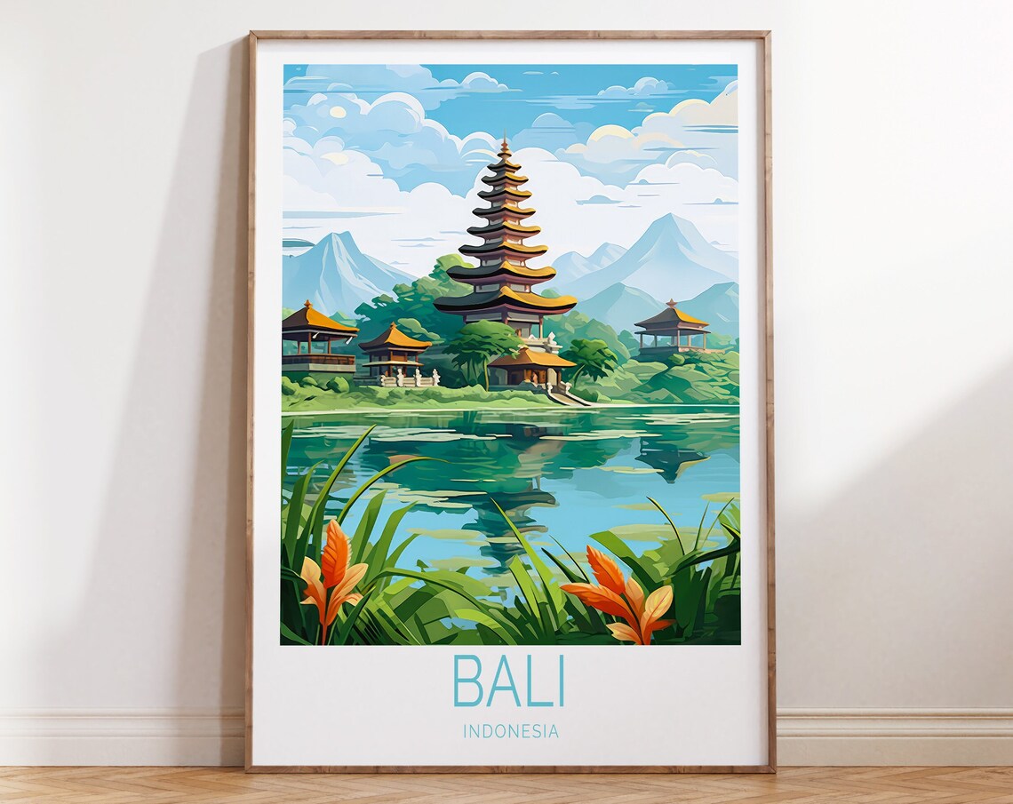 Bali Indonesia Jungle Lake Temple Retro Tropical Travel Poster