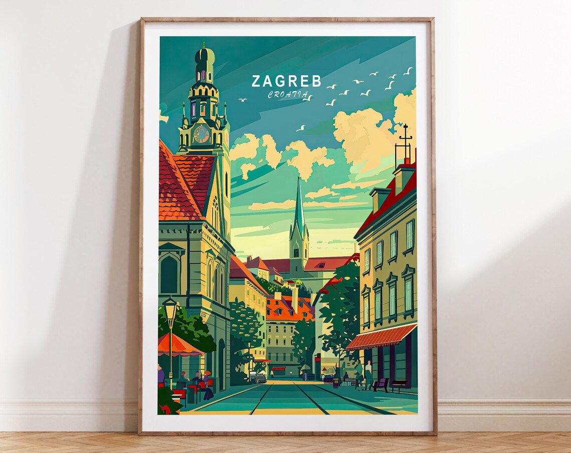Zagreb Croatia Old Town Street Cathedral View Retro Travel Poster