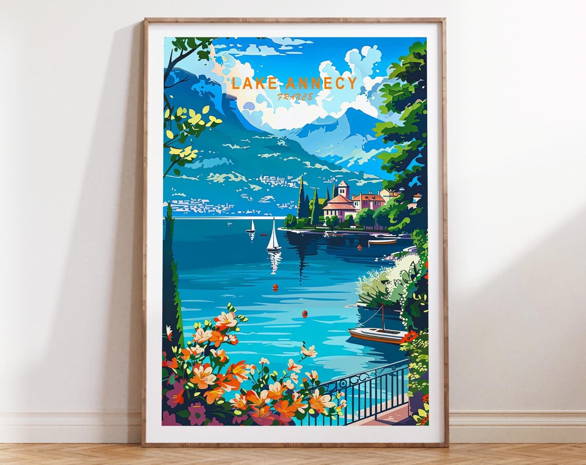 Lake Annecy France Flower Terrace Lakeside Sailboats Travel Poster