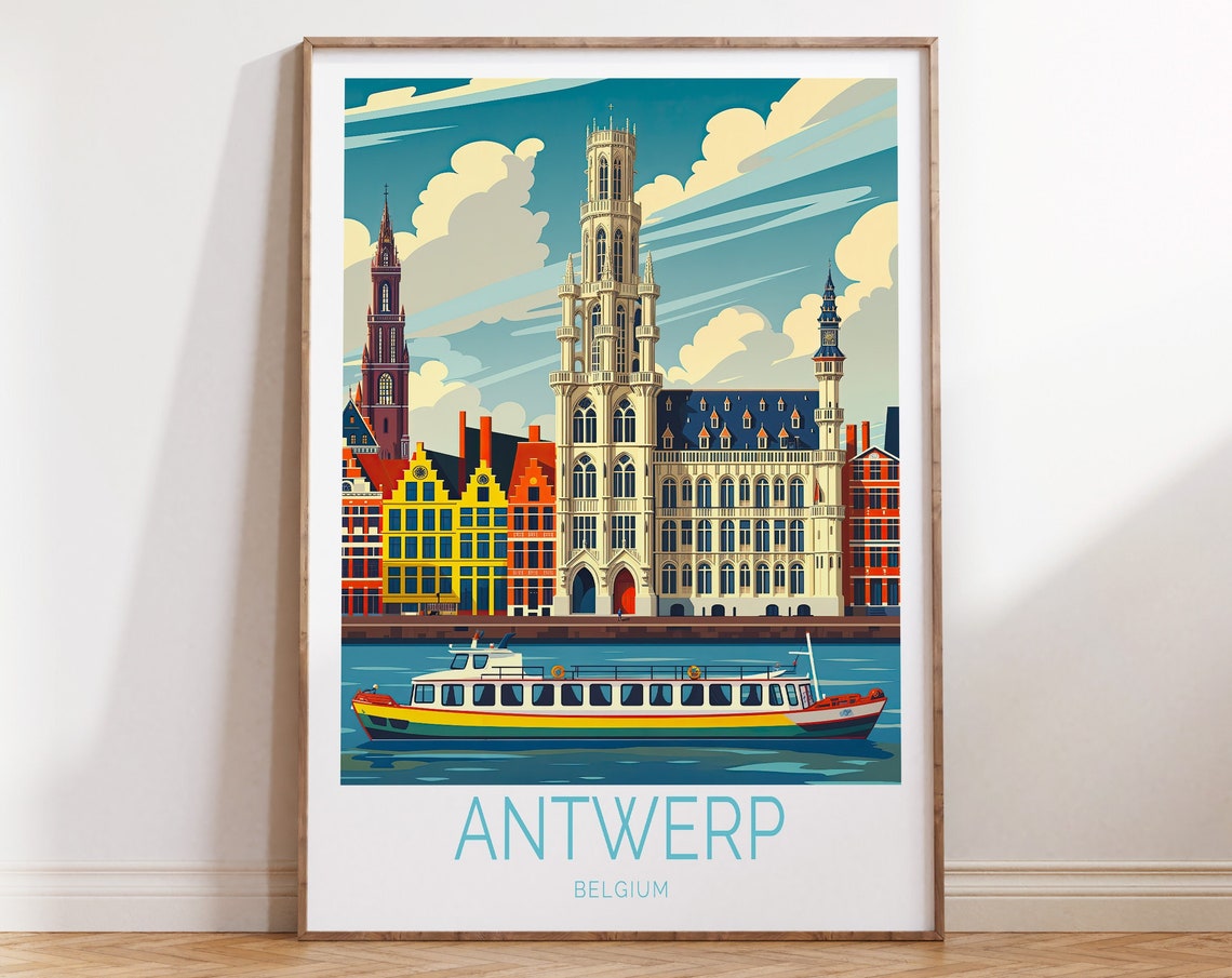 Antwerp Belgium Waterfront Tour Boat City Hall Travel Poster