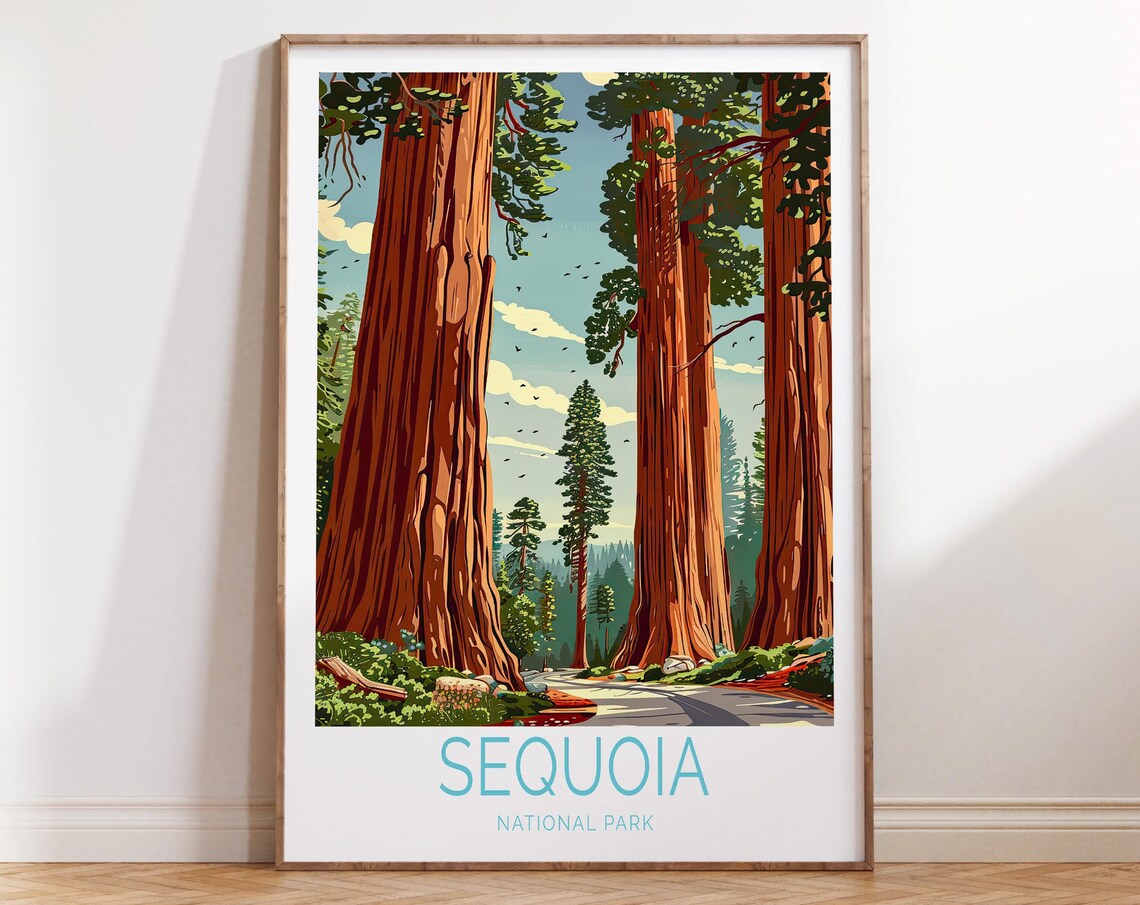 Sequoia National Park Giant Redwood Forest Road Vintage Travel Poster