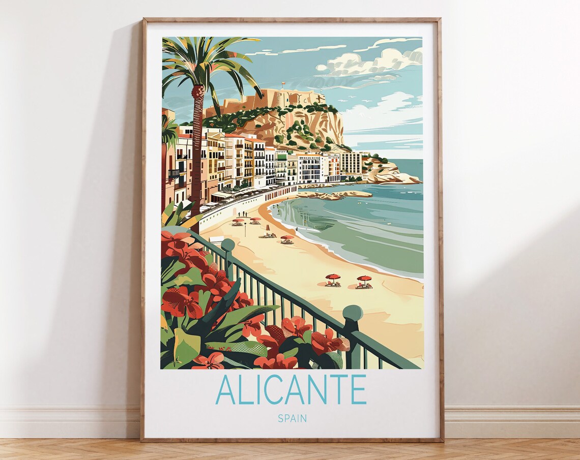 Alicante Castle Hill Beachfront Promenade Vintage Travel Poster