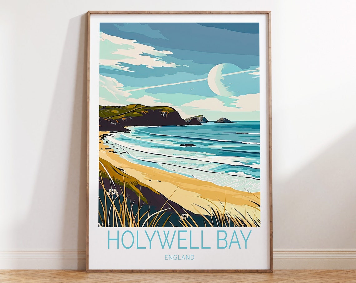 Holywell Bay England Sandy Beach Coastline Scene Travel Poster