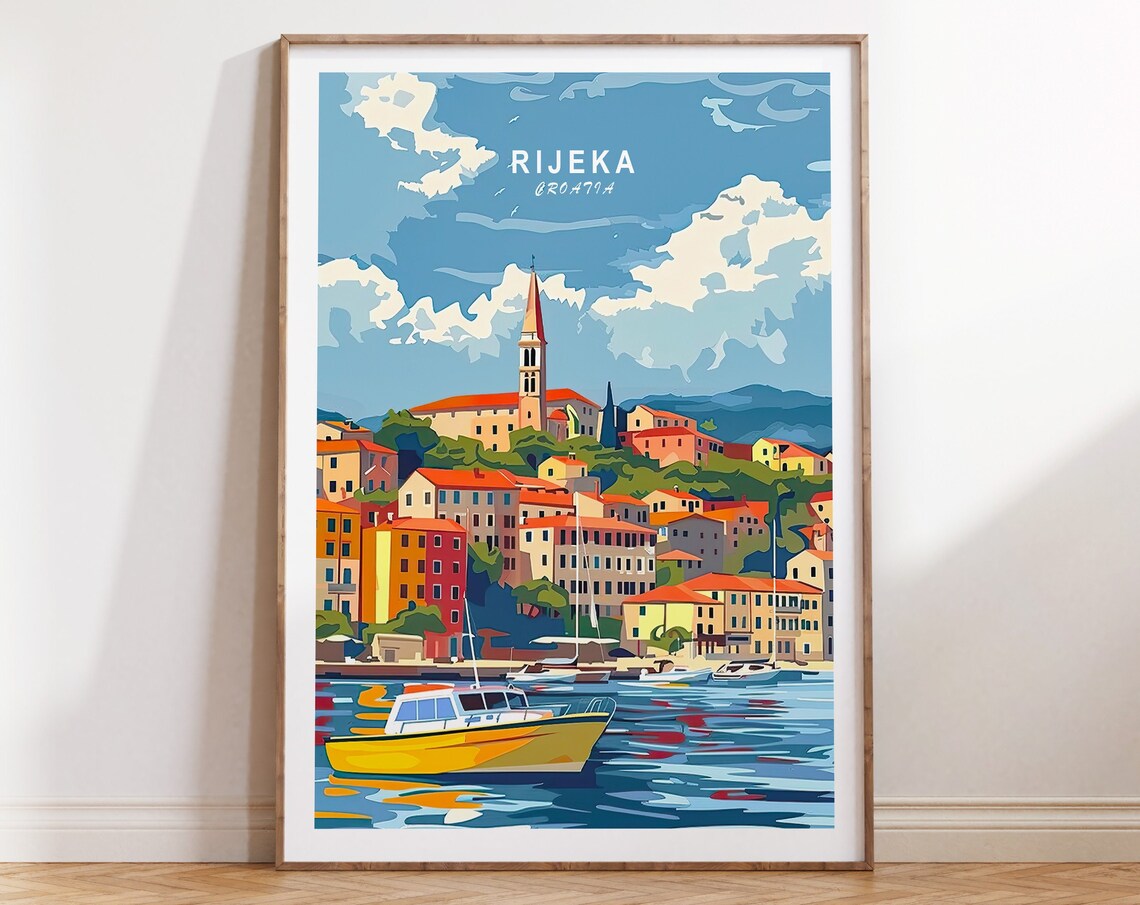 Rijeka Croatia Harbor With Yellow Boat Coastal Travel Poster