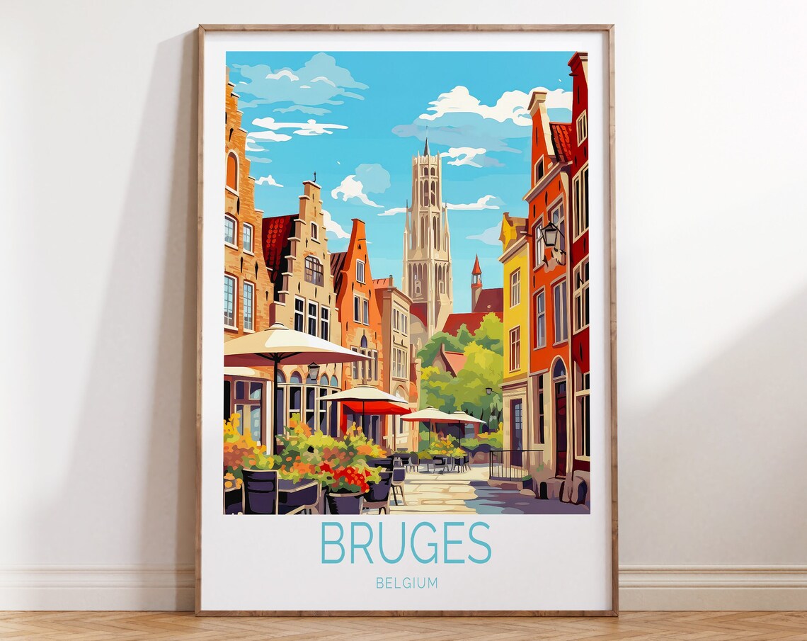 Bruges Belgium Charming Canal Street Cafes Summer Travel Poster