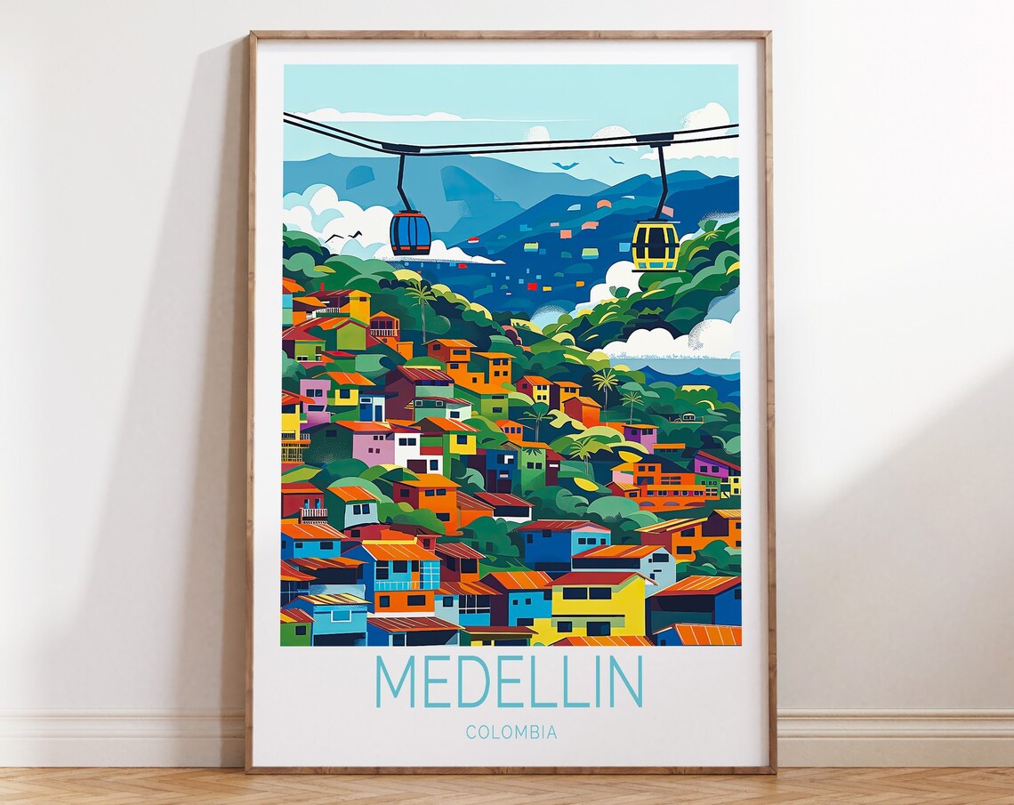 Medellin Colombia Colorful Hillside Travel Poster with Cable Cars