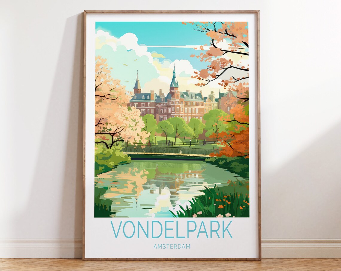 Vondelpark Amsterdam Spring Blossom Pond Park Vintage Travel Poster