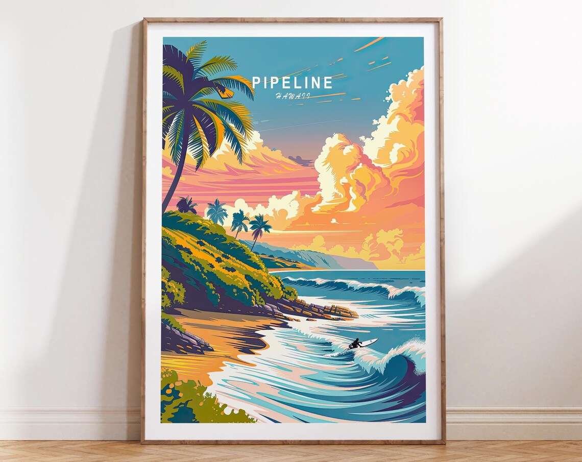 Pipeline Surf Poster, Hawaii Coast Travel Poster