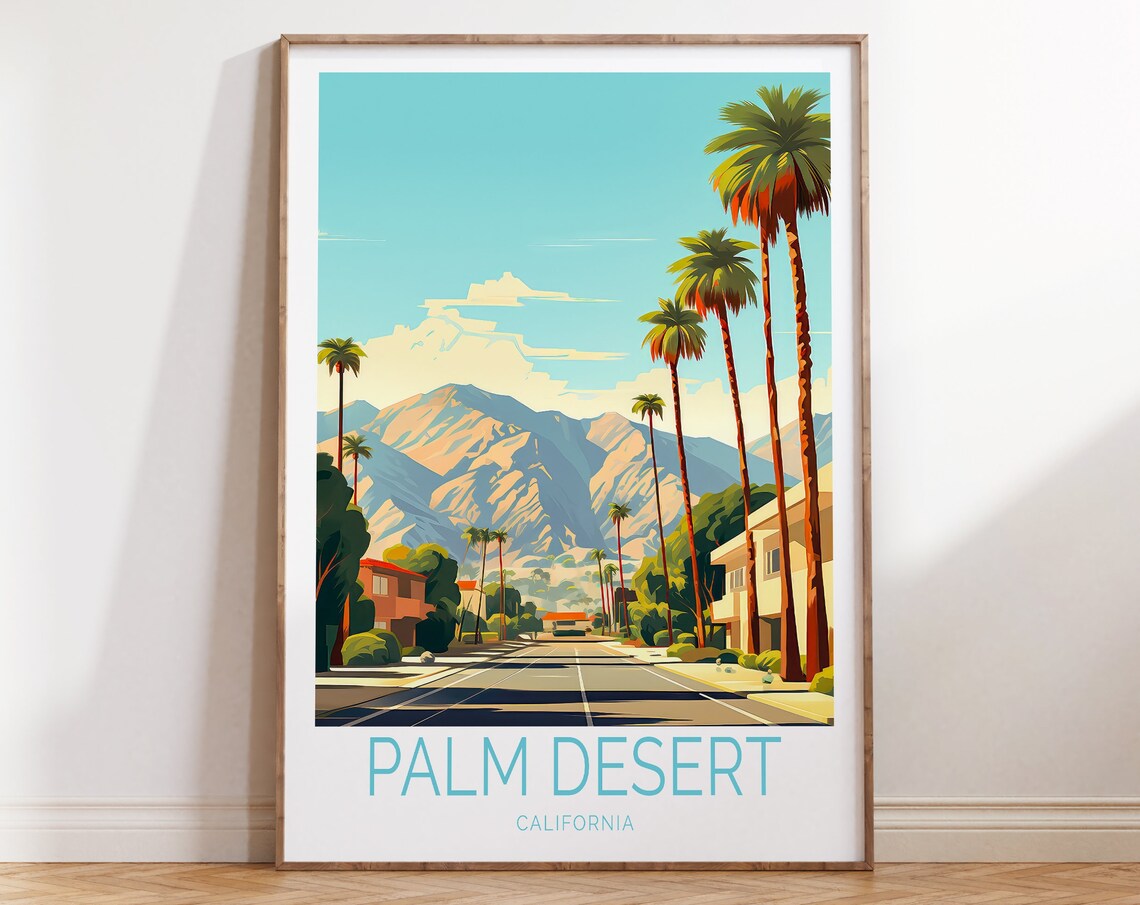 Palm Desert California Palm Lined Street Retro Travel Poster