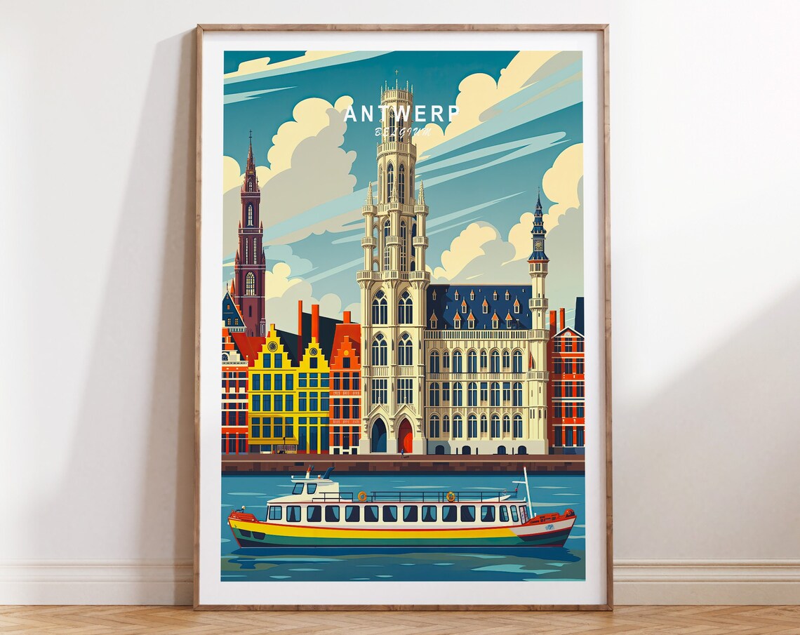 Antwerp Belgium Ornate City Hall River Tour Boat Travel Poster