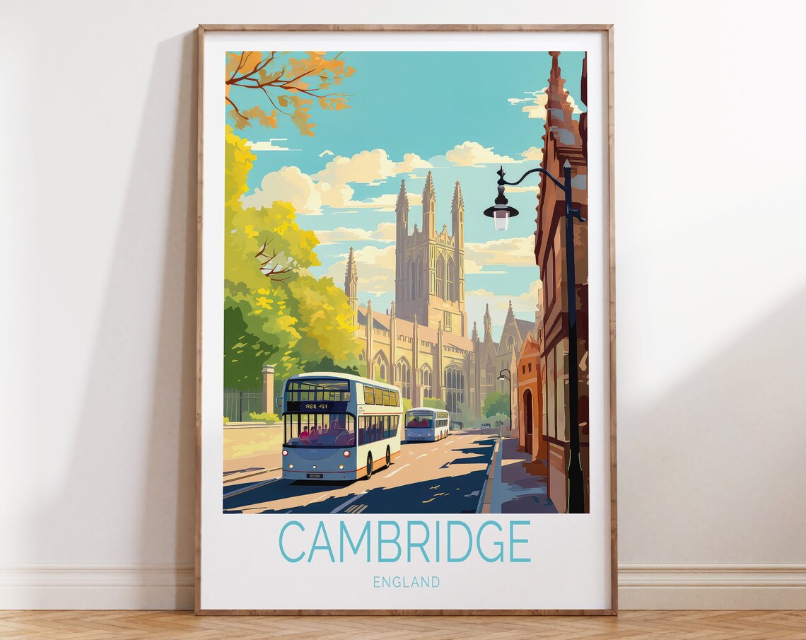 Cambridge England College Chapel Street with Bus Travel Poster