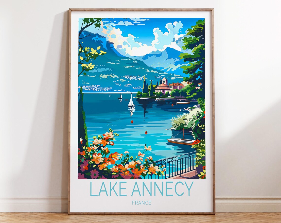 Lake Annecy France Sailboats Alpine Illustrated Travel Poster