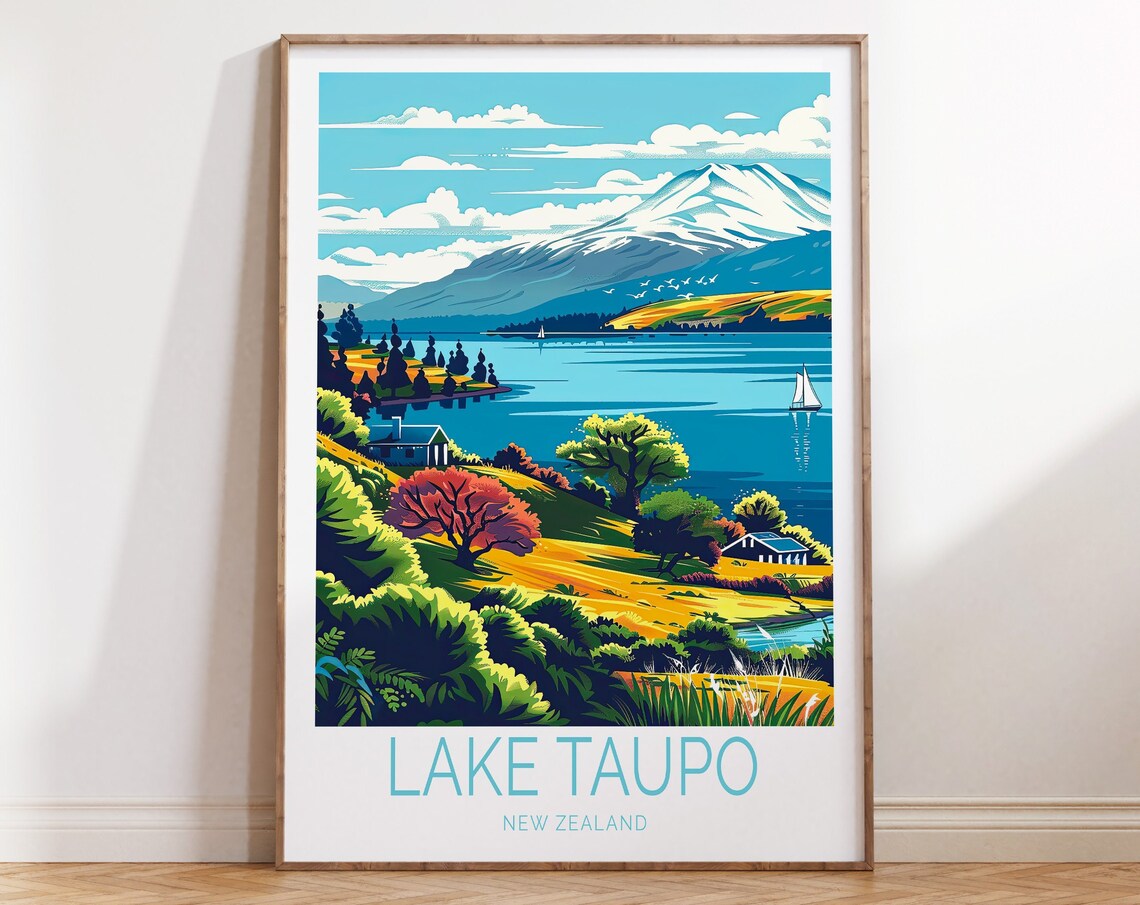 Lake Taupo Travel Poster, New Zealand Wall Art