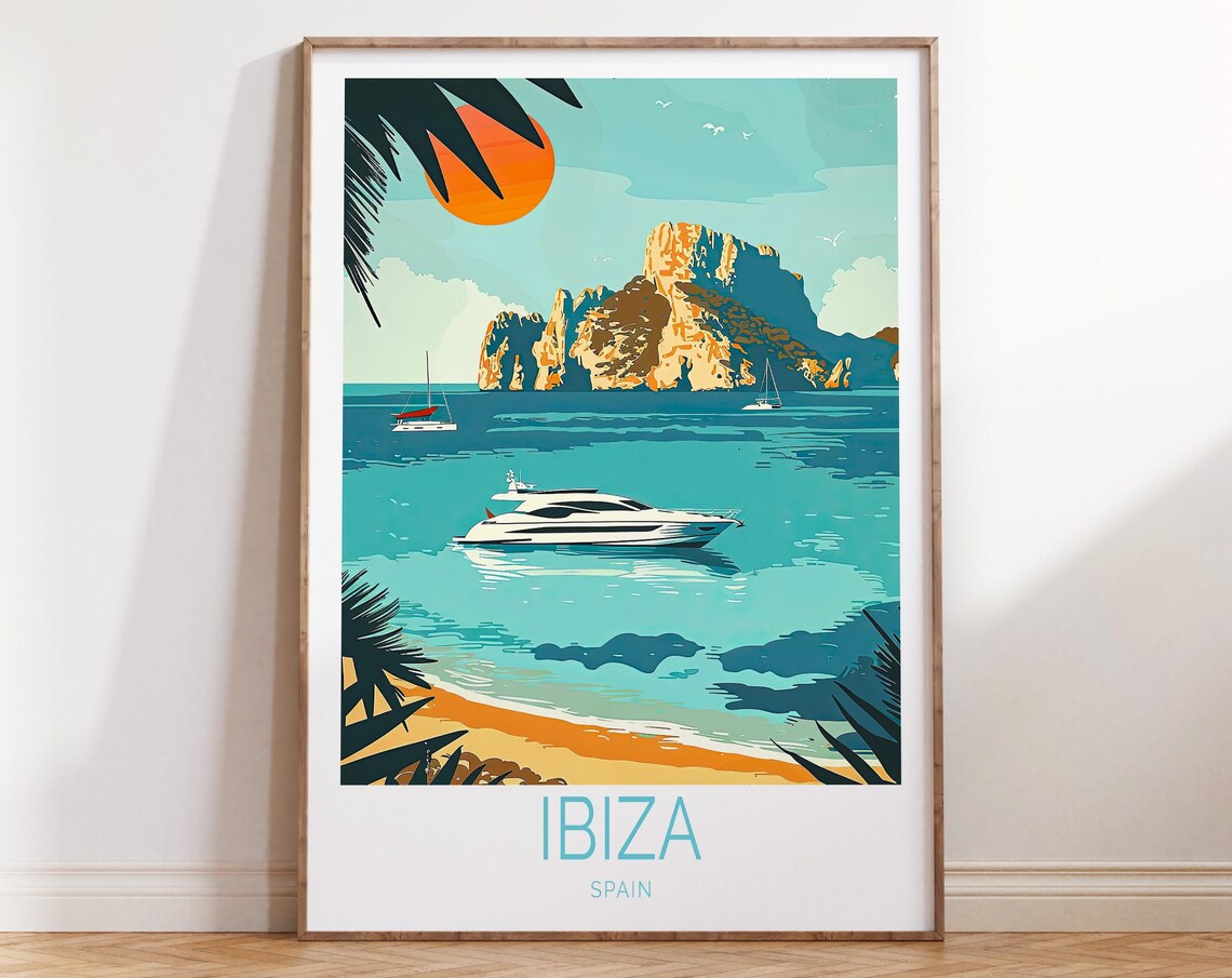 Ibiza Spain Es Vedra Rock Yacht Bay Golden Sunset Travel Poster