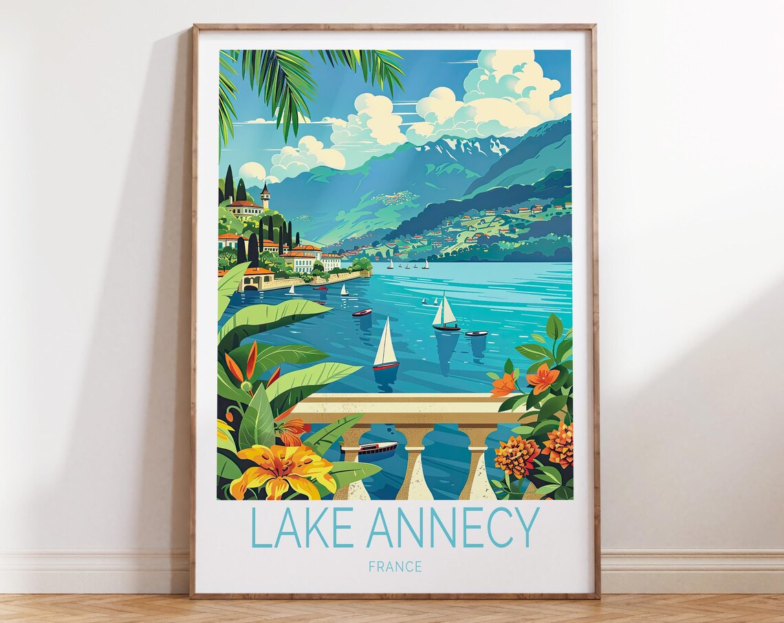 Lake Annecy France Balcony View Sailboats Alpine Peaks Travel Poster