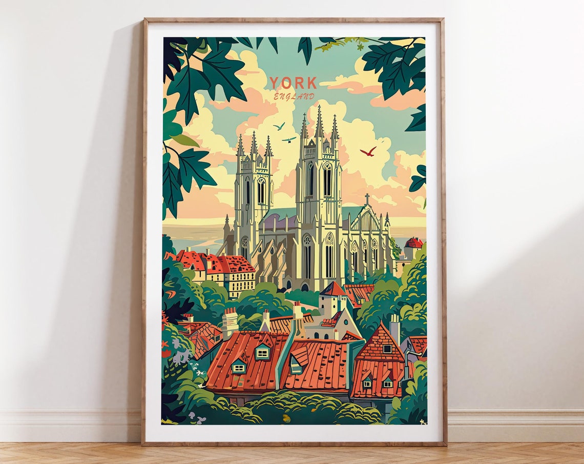 York Minster Rooftops Golden Sky Leafy Frame Vintage Travel Poster