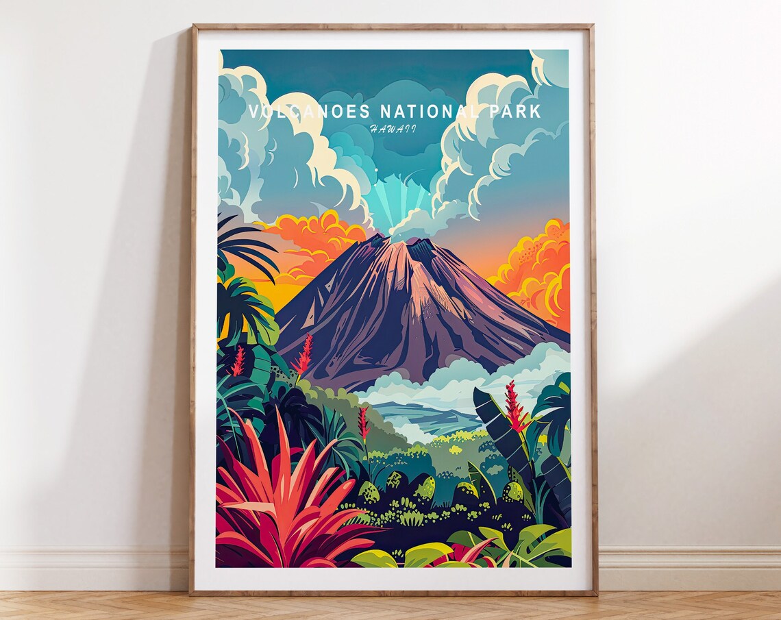 Hawaii Volcanoes National Park Sunset Volcano Colorful Travel Poster