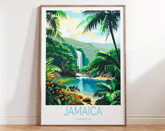 Jamaica Caribbean Jungle Waterfall Turquoise Lagoon Travel Poster